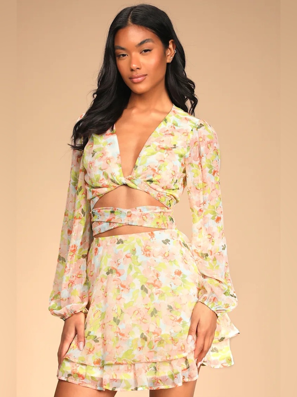Lulus Bubbly Blooms Pink Multi Floral Print Two-Piece Mini Dress size Large